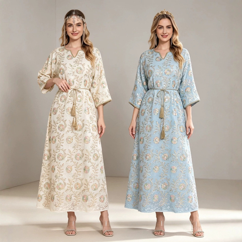 Source Factory Cross-Border Hot-Selling 3D Floral Sequin Embroidered Robe for Women, V-Neck Tie-Waist Plus-Size Dress