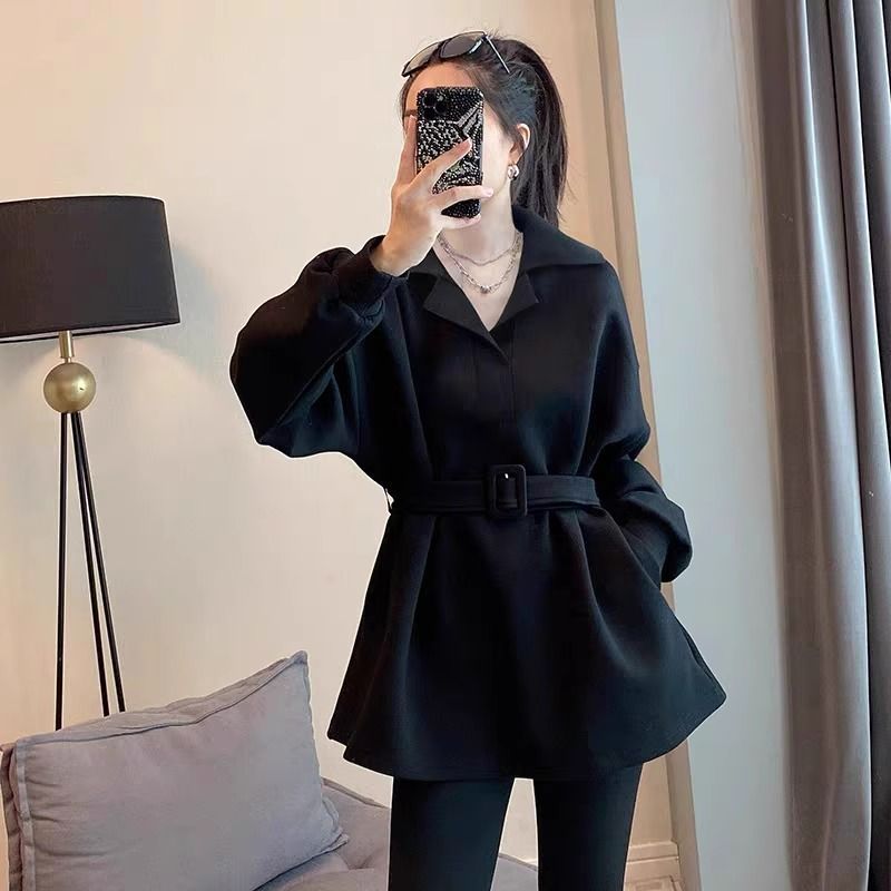 欧洲站春秋大码女装胖黑色西装领收腰卫衣女小众显瘦上衣斤|undefined