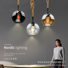 美式乡村麻绳玻璃球吊灯 理发店咖啡厅前台琥珀烟灰色圆球玻璃灯