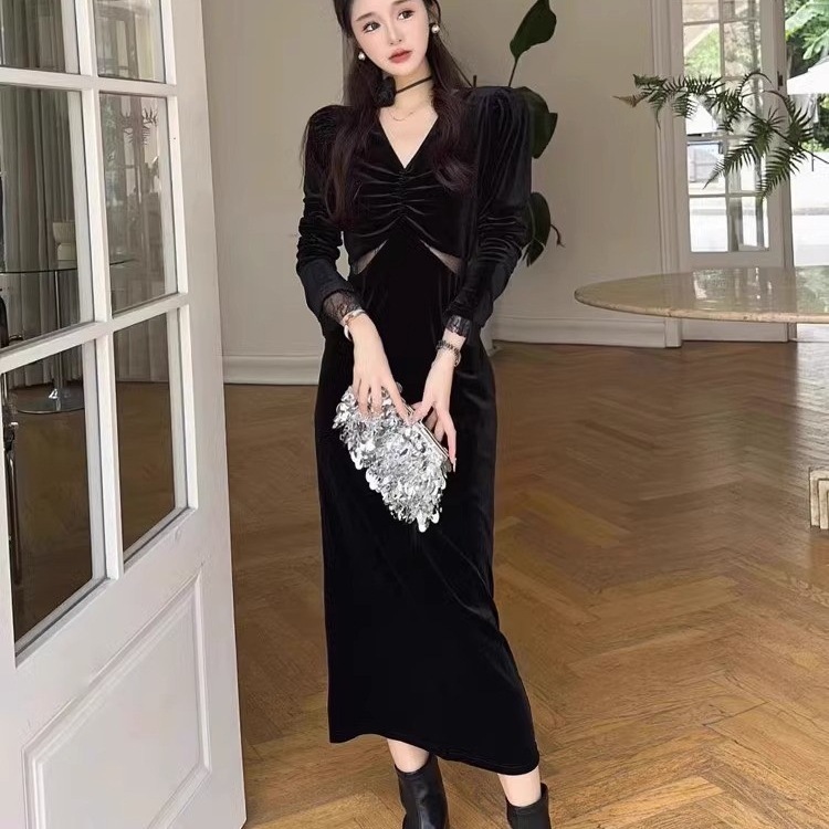欧美跨境外贸黑色长袖金丝绒连衣裙女v领网纱露腰包臀开叉中长裙|undefined