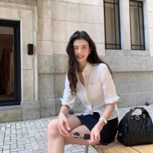 时髦亚麻中袖简约宽松通勤衬衣收腰衬衫女日系职业通勤女装批发