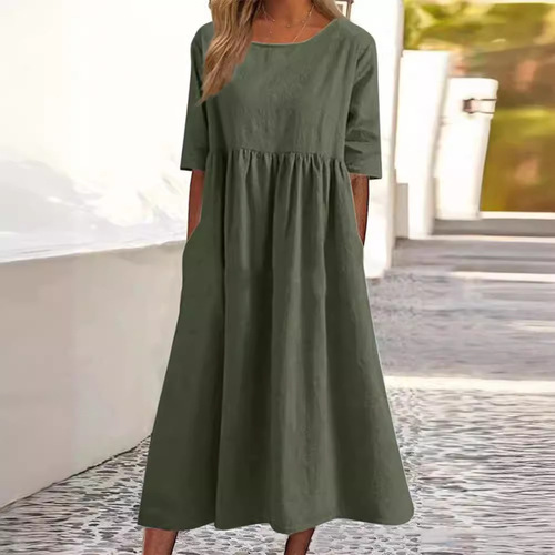 2025 Summer Independent Station Cotton Linen Casual Short Sleeve Pocket Pleated Loose Round Neck Dress