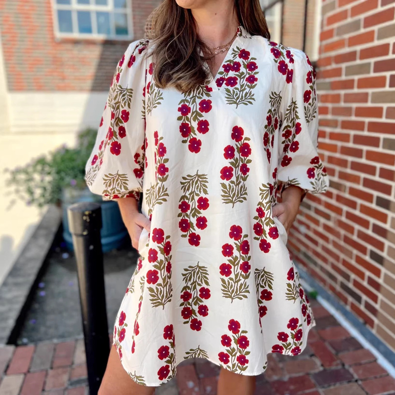 European and American Fashion V-Neck Short-Sleeve Dress, Cross-Border Independent Site, Summer Versatile Floral Pullover Three-Quarter Sleeve Mini Dress