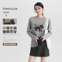 锋与兰 天丝混纺小猫长袖t恤女生可爱秋季内搭打底衫两色上衣批发