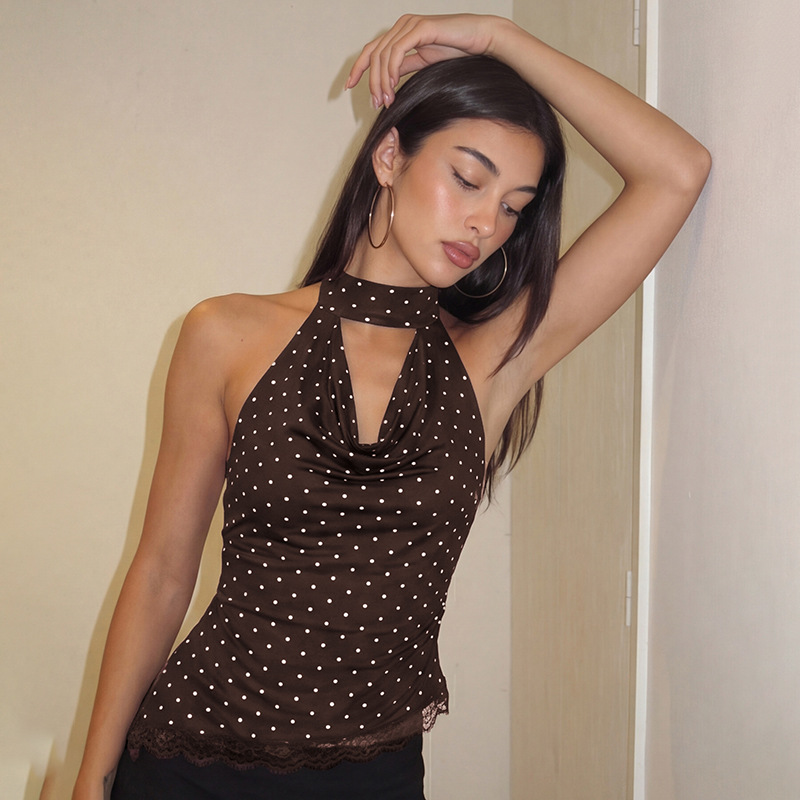 European And American Women's Clothing 2026 Summer New Fashion Polka Dot Lace Slim-fit Versatile Backless Strap-up Tube Top_ecoleips.com