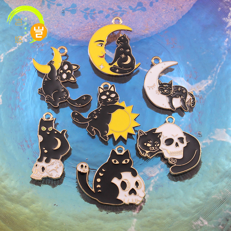 Halloween series skull black cat Moon DIY handmade jewelry accessories alloy drop oil pendant earrings jewelry