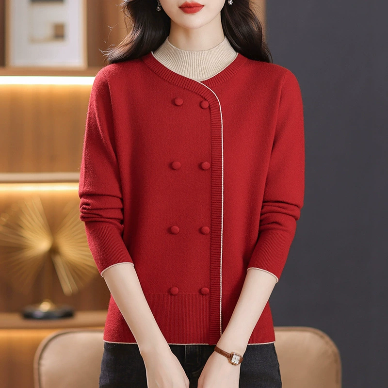 Весенне-Зимний новый вязаный свитер для мамы среднего возраста в стиле Чонсам с воротником и пряжкой, имитация двух предметов, свободная рубашка с высоким воротом в западном стиле