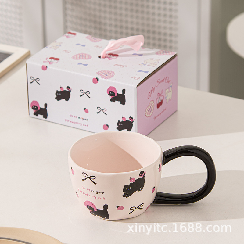 Taza de orejas grandes, taza de cerámica, mango grande lindo de alto valor, taza de café con patrón de dibujos animados creativos al por mayor