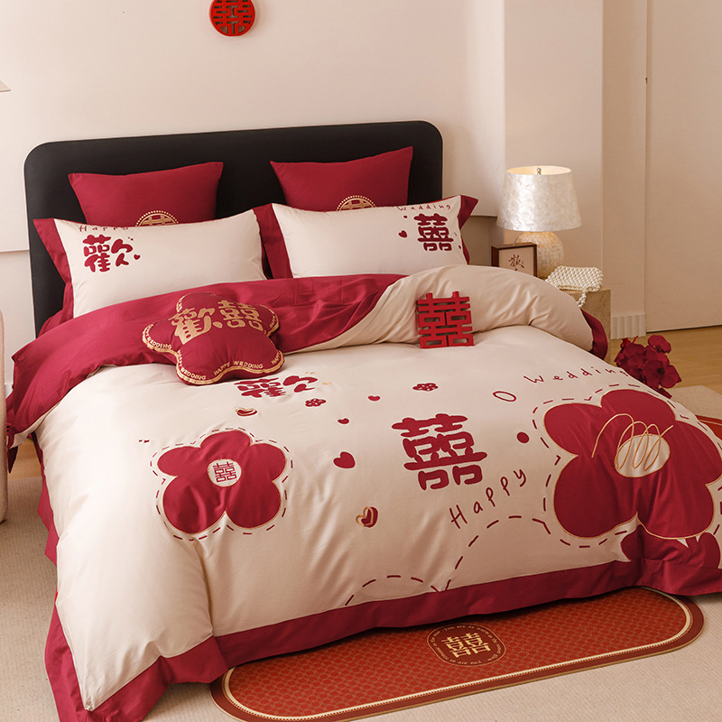 Chinas de alta gama algodón Jacquard cama de boda cuatro piezas de algodón sábanas rojas cubierta sábanas de boda