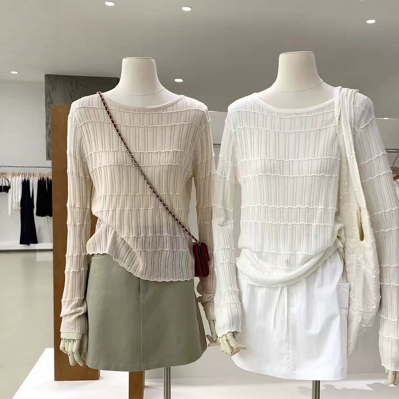 High-end textured horizontal striped round-neck long-sleeve knit sweater for women, new early autumn slim-fit wool top