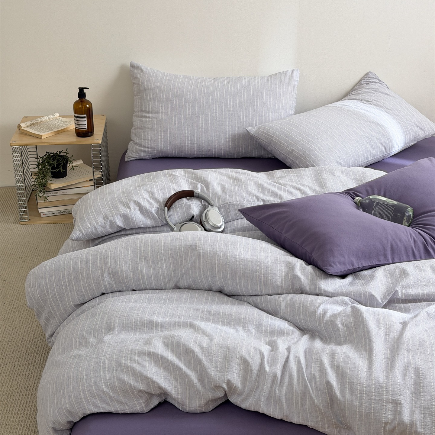 Pure Washed Cotton Jacquard Four Piece Bedding Set Solid Colour_voghion.com