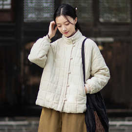 26冬季新款宽松立领保暖棉服女中式复古休闲夹棉绗缝方格盘扣棉衣
