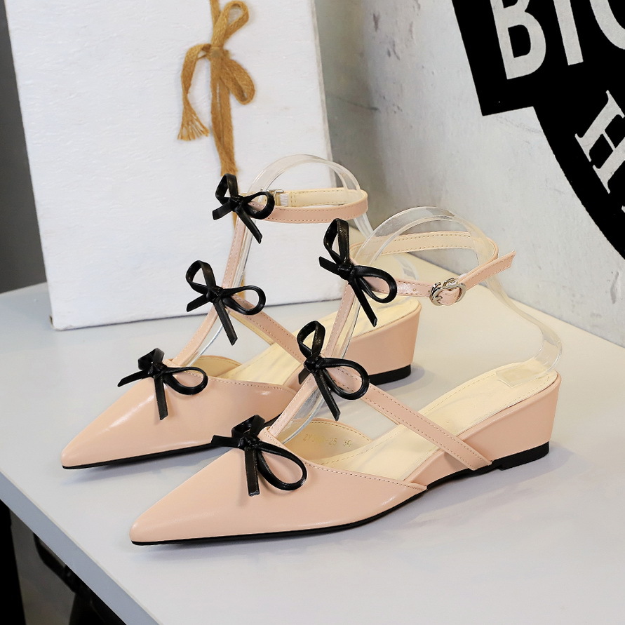 French Style Women's Pointed Toe Bowknot Wedge Heeled Slippers_voghion.com