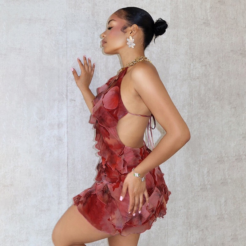 New Style Ins20 Slim Fit Ruffle Women's Summer Neck Sexy Dress European and American Fashion Edge Kds