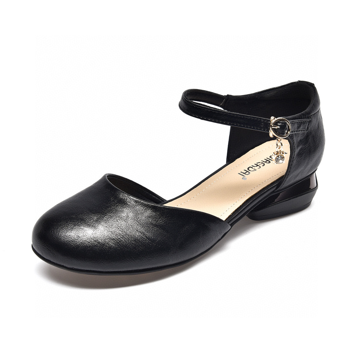 Sandal nữ da thật mũi kín quai ngang gót vuông thấp — đen