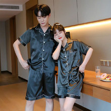 夏季翻领开衫短袖情侣睡衣男女士韩版ins冰丝休闲仿真丝家居服装
