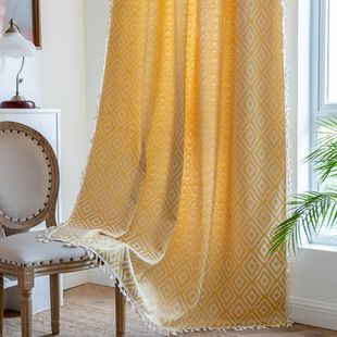 Cross-border factory curtain finished TEMU Xiyin Diamond Plaid bedroom balcony retro solid color tassel lace curtain
