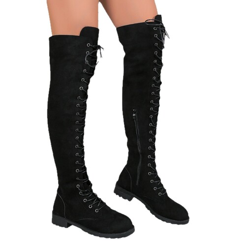 Womens Winter New Knee-High Boots with Round Toe Fleece Laces Plus Size Slimming Boots Wish