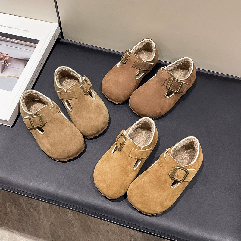 Детская обувь Birken плюс бархат детская кожаная обувь 2024 зимняя новая маленькая девочка вторая хлопчатобумажная обувь осенняя зимняя волосатая бобовая обувь