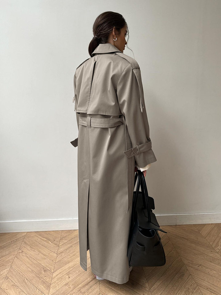Áo khoác trench coat nữ dáng dài phong cách Âu Mỹ, chất liệu cotton, form rộng có dây thắt eo — Màu kaki, màu xám chi tiết 39