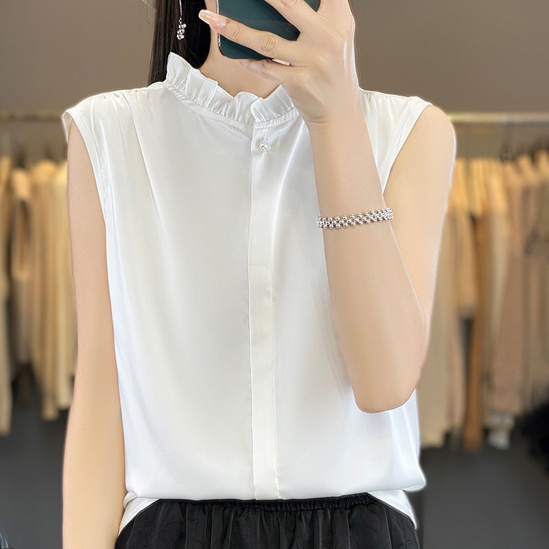 2024 Summer Popular Satin Sleeveless T-Shirt Fashionable Thin Ice Silk Outer Wear Foreign Style Slimming Look Bottoming Versatile Top
