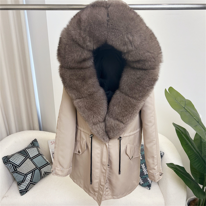 Damenbekleidung Abnehmbarer Parka aus Fuchspelz Mittellanger Kapuzenmantel_voghion.com