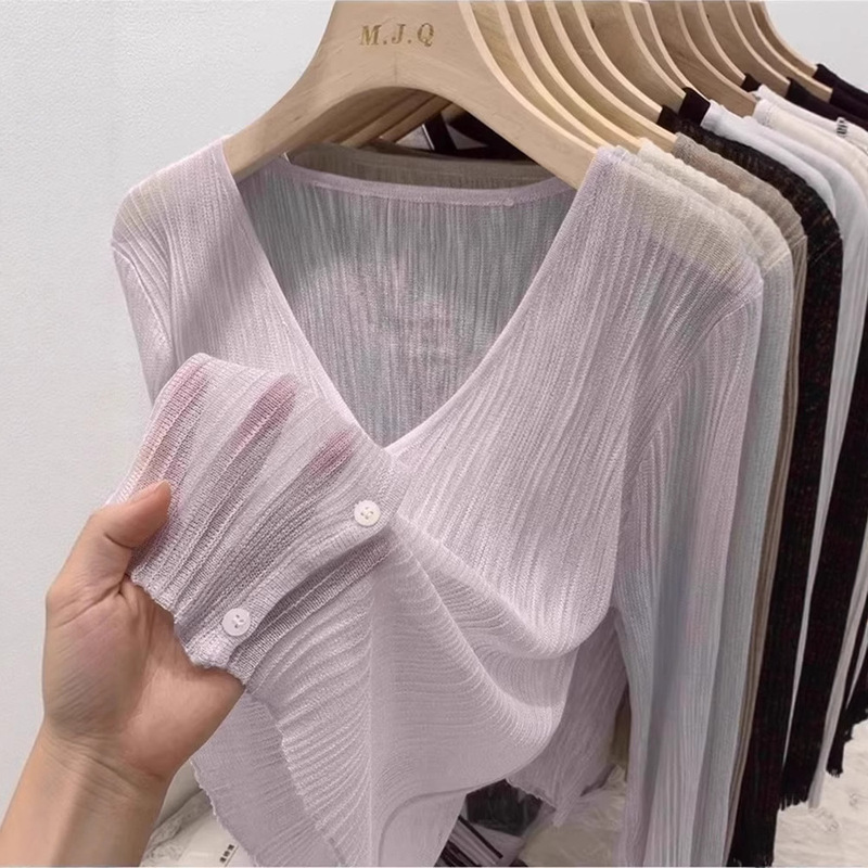 Thin Tencel with Suspender Skirt, V Neck Air-Conditioned Blouse for Women, Summer Slightly See-Through Sun Protection Knitted Cardigan Shawl