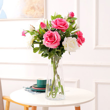 厂家跨境批发仿真玫瑰花束客厅假花装饰摆设塑料单枝花插花瓶摆件