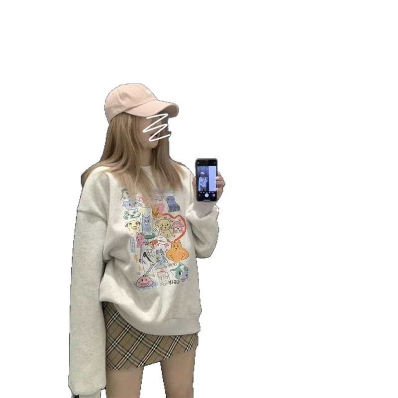 甜妹可爱印花圆领卫衣女美拉德花灰色宽松上衣潮流ins|undefined