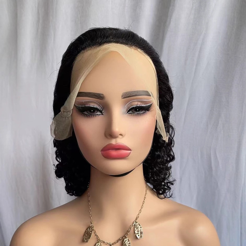 Europe and the United States cross-border full real hair 13X4 front lace wig head cover short curl African small volume foreign trade wig cover