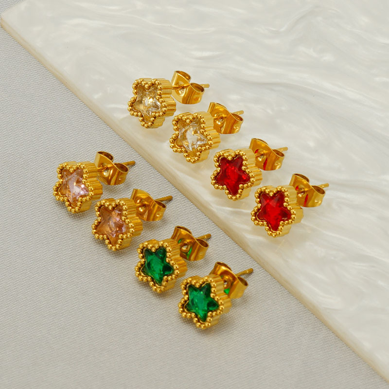 1 Pair Simple Style Flower Inlay Stainless Steel Zircon 18K Gold Plated Ear Studs display picture 1