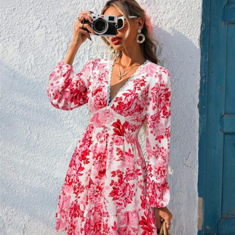 Autumn New Style European and American Elegant and Fashionable Deep V-Neck Lace Trim Patchwork Waist-Cinching Ruffle Long-Sleeve Dress for Women Autumn New Style European and American Elegant and Fashionable Deep V-Neck Lace Trim Patchwork Waist-Cinching Ruffle Long-Sleeve Dress for Women