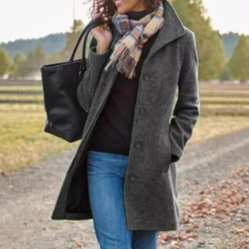 Autumn and winter cross-border European and American new women's clothing independent station retro medium-length solid color women's woolen coat for women