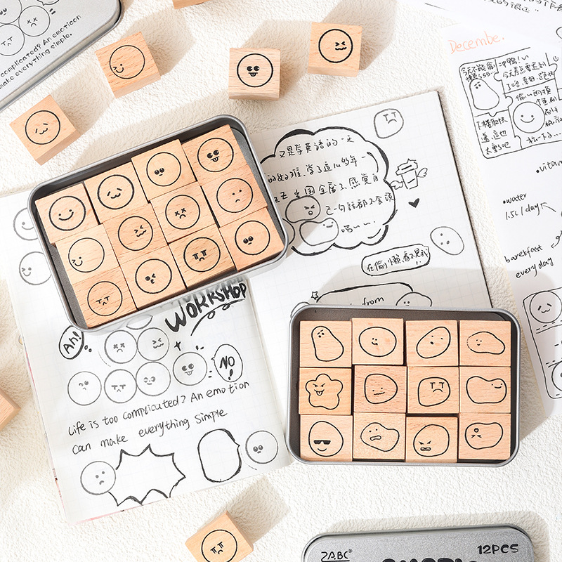 Linda caja de hierro de expresión simple y linda expresión de madera sello de cuenta manual de bricolaje material de cuenta manual sello decorativo transfronterizo