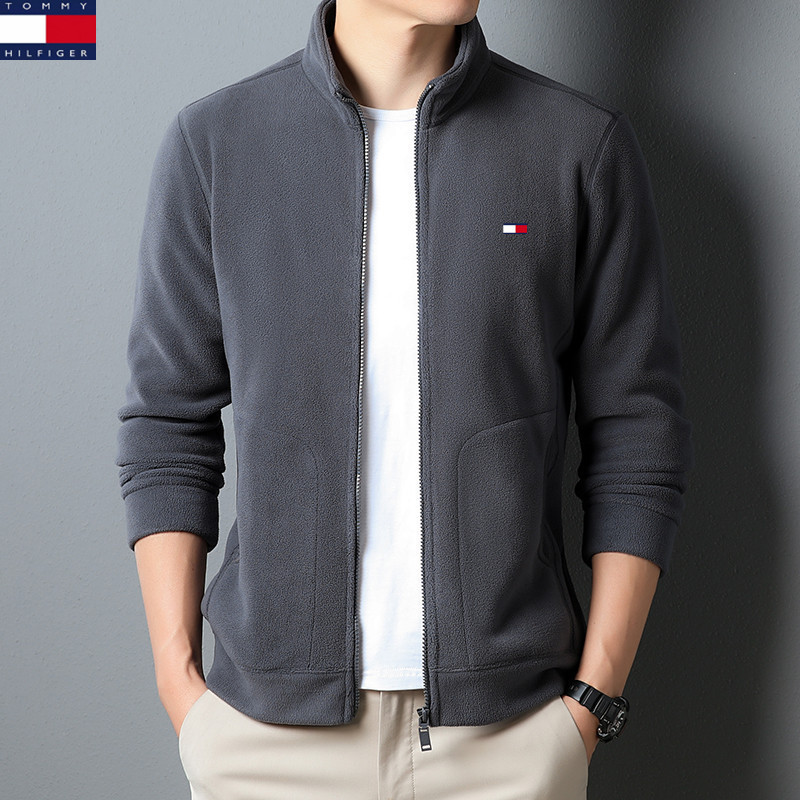 American Tommy Fleece Men's Jacket Autumn and Winter Double-sided Fleece Warm Casual fleece-lined Jacket Coat Sweatshirt
