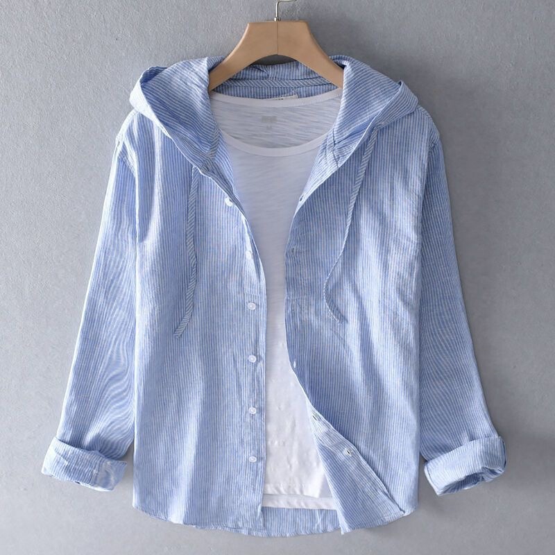 Spring and Autumn New Style Hooded Long-Sleeved Solid Color Linen Shirt for Men, Thin and Loose-Fitting, Solid Color Youth Cotton-Linen Shirt, Fashionable and Trendy