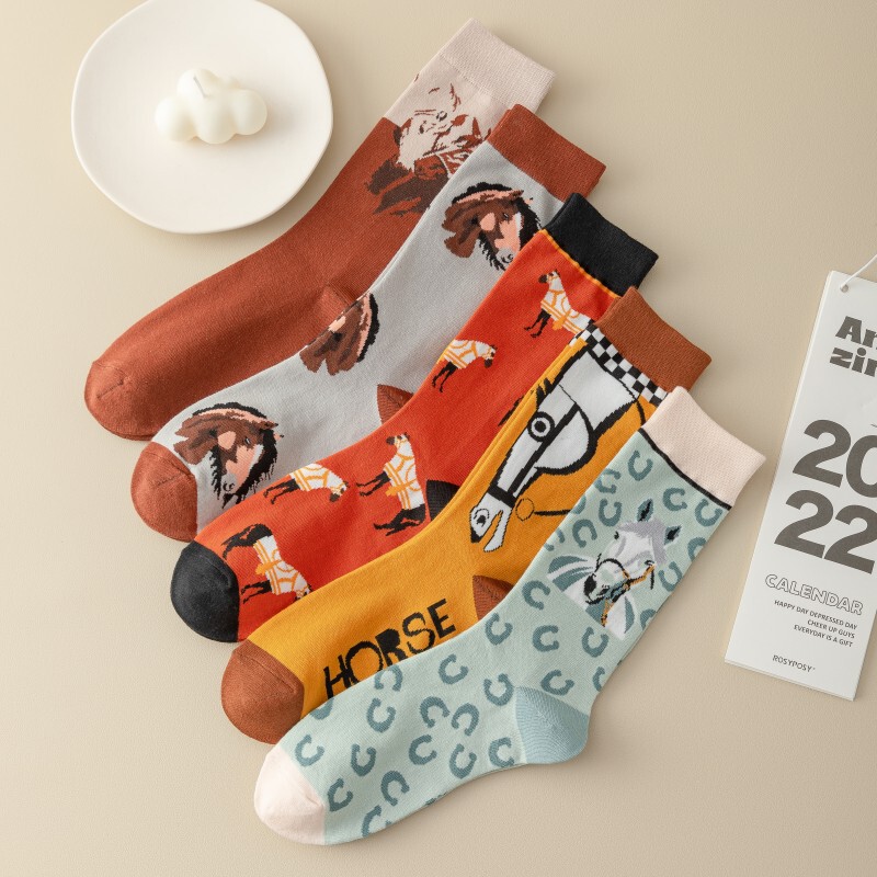 2025 Autumn/Winter New Cartoon Horse Color-Block Retro Mid-Tube Cotton Socks Trendy Versatile Fun Women's Socks Wholesale