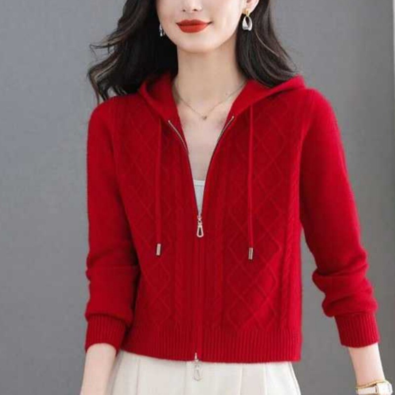 2026 Short Knitted Cardigan Sweater Jacket for Women with Hood and Zipper, Stylish High-Waisted Sweatshirt Outerwear