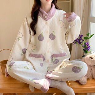 2025 Pajamas for Women in Autumn and Winter November Thickeneded Quilted Confinement Clothes Postpartum Air Layer Large Size Home Clothes Set December