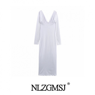 2024 Winter New Women's Clothing European and American Style Sexy Slim V-Neck Long Sleeve Long dress