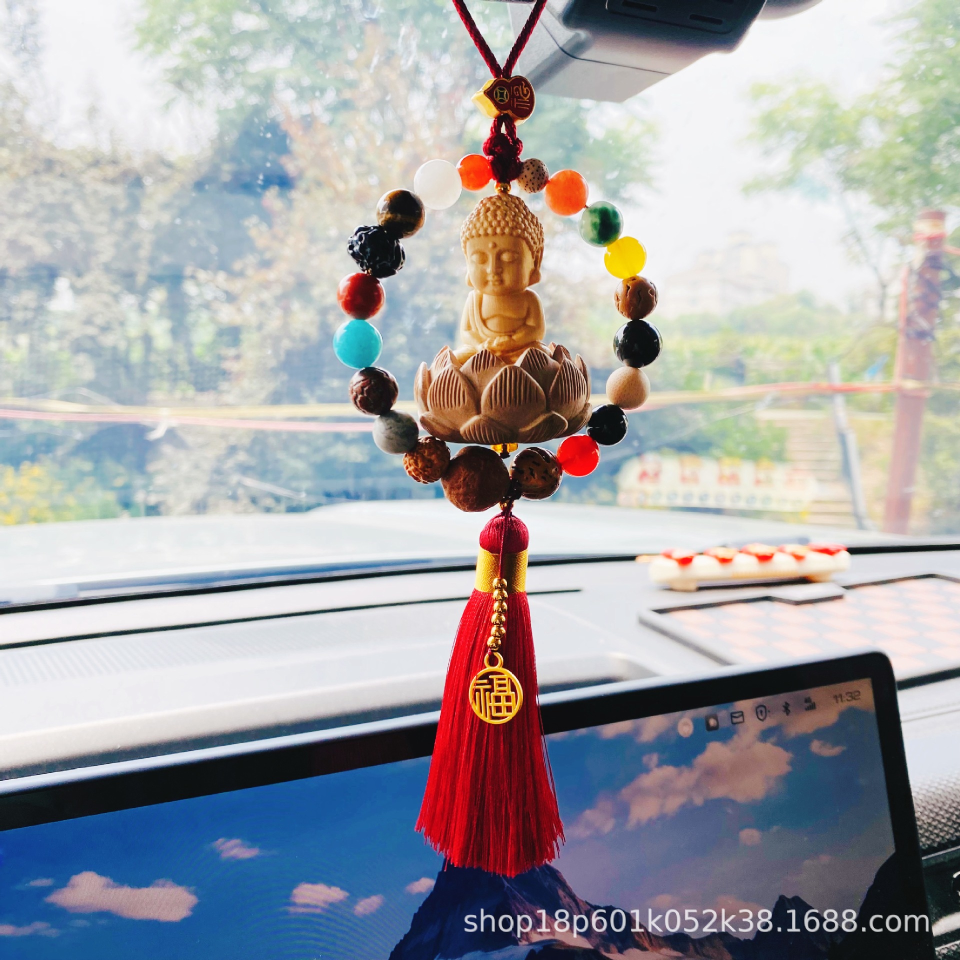 Temple-Style Carved Boxwood Car Rearview Mirror Pendant with Eighteen-Seed Lotus and Small Buddha for Safety