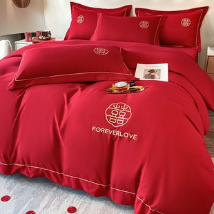 Wedding Washed Cotton Festive Four-Piece Set Chinese Style Big Red Bed Sheetss High-End Embroidered Quilt Cover Wedding Room Bedding