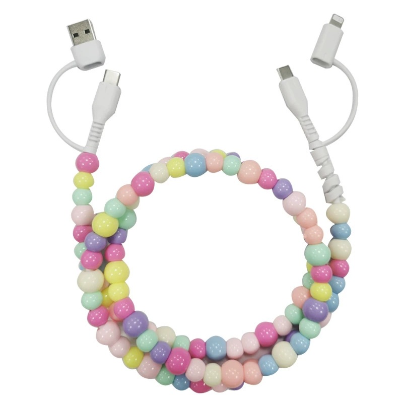 二拖二串珠数据线 四合一type-c转ip15手工多彩珍珠pd快充线4合1m