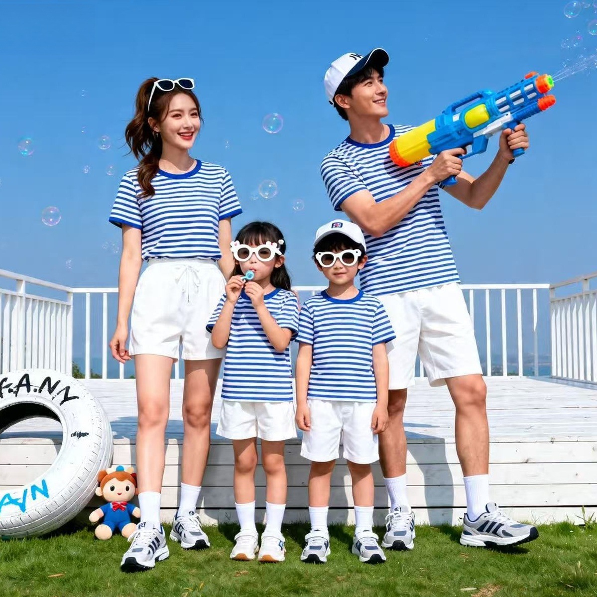 Chinese Style Parent-Child Clothes Sea Soul Shirt Short-Sleeved Striped T-Shirt Pure Cotton Navy Style National Fashion Red Scarf Primary School Student Class Clothes