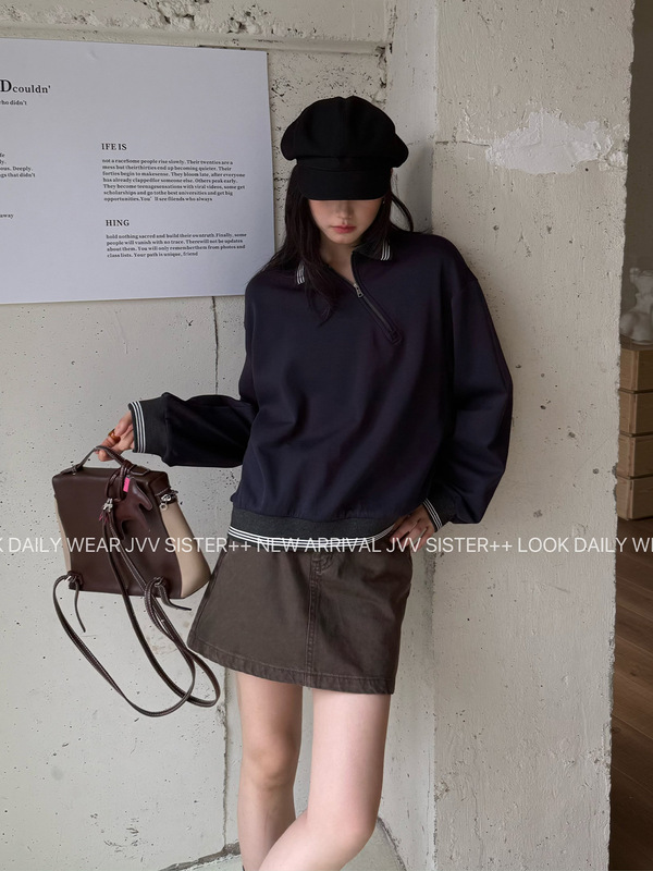 JVV十三行2025秋季新款条纹罗纹Polo领斜襟设计感休闲卫衣女71022|undefined