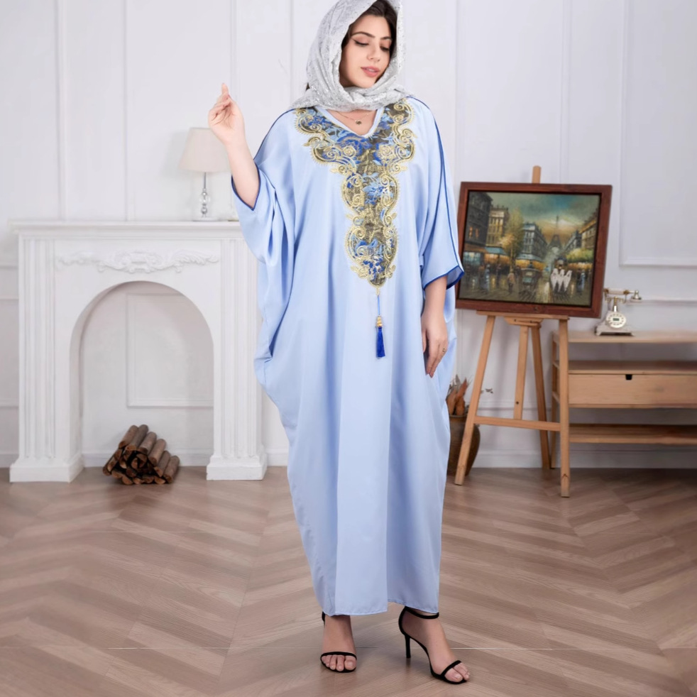 Indonesian-Middle Eastern Cross-border Women's Robe With V-neck, Embroidery, And Tassels, Elegant Arabic Robe,_ecoleips.com