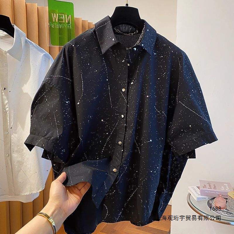 Fashionable Starry Sky Short-Sleeve Shirt for Men, New Summer Style with Textured, Stylish Design, Loose Casual Shirt Fashionable Starry Sky Short-Sleeve Shirt for Men, New Summer Style with Textured, Stylish Design, Loose Casual Shirt