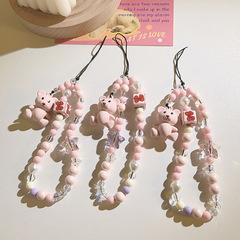 可愛粉色小熊串珠鏈條手提鏈吊墜通用手機殼手工串珠手機掛繩配飾