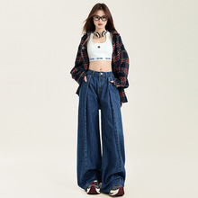 深蓝色牛仔裤女小个子2024年秋季新款宽松阔腿直筒裤