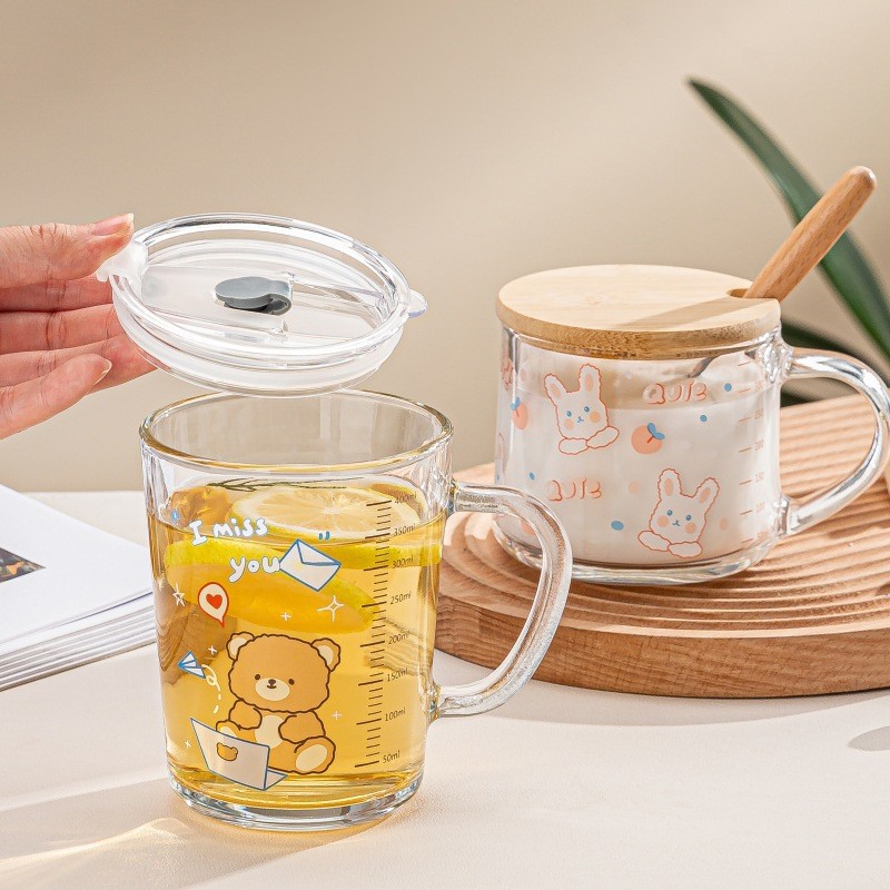 Ins vidrio simple Commuter paja leche desayuno taza Linda Escala de dibujos animados taza con cuchara regalo impresión